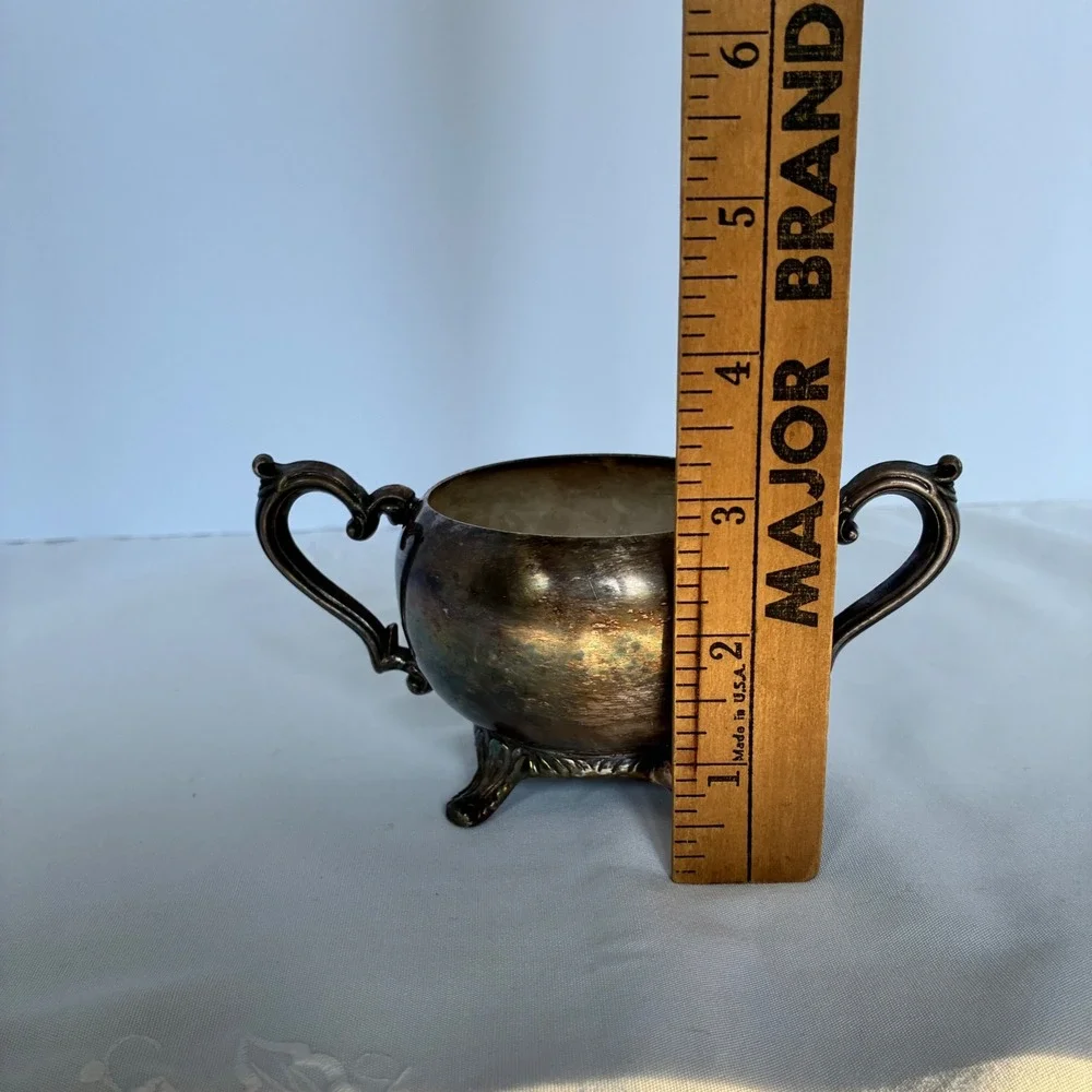 Vtg Sugar Bowl Silver Tone Footed Ornate Scroll Double Handle Patina Shabby Chic